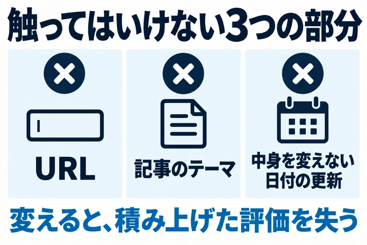 リライトで触ってはいけない部分として、URL、記事のテーマ、中身を変えない公開日の更新の3つを並べた図
