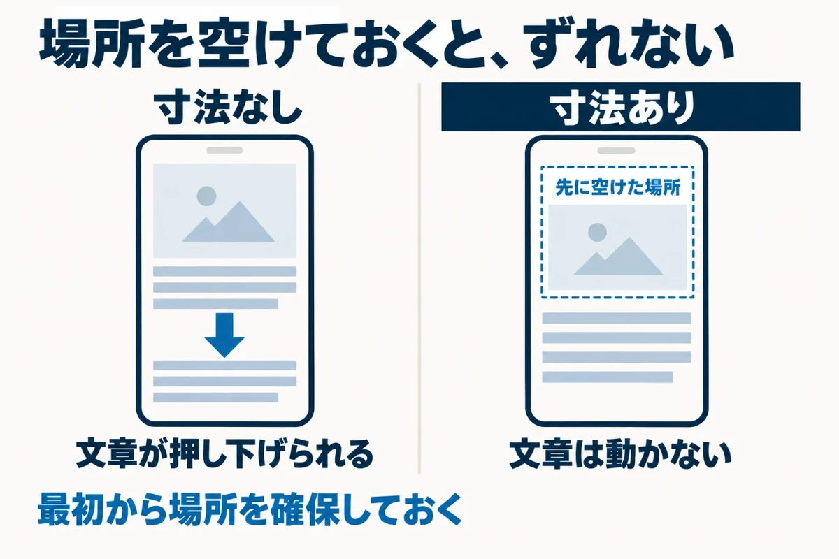 寸法のない画像は読み込んだ瞬間に下の文章を押し下げるが、幅と高さを書いた画像は読み込む前から場所が空いているため、下の文章が動かないことを比べた図
