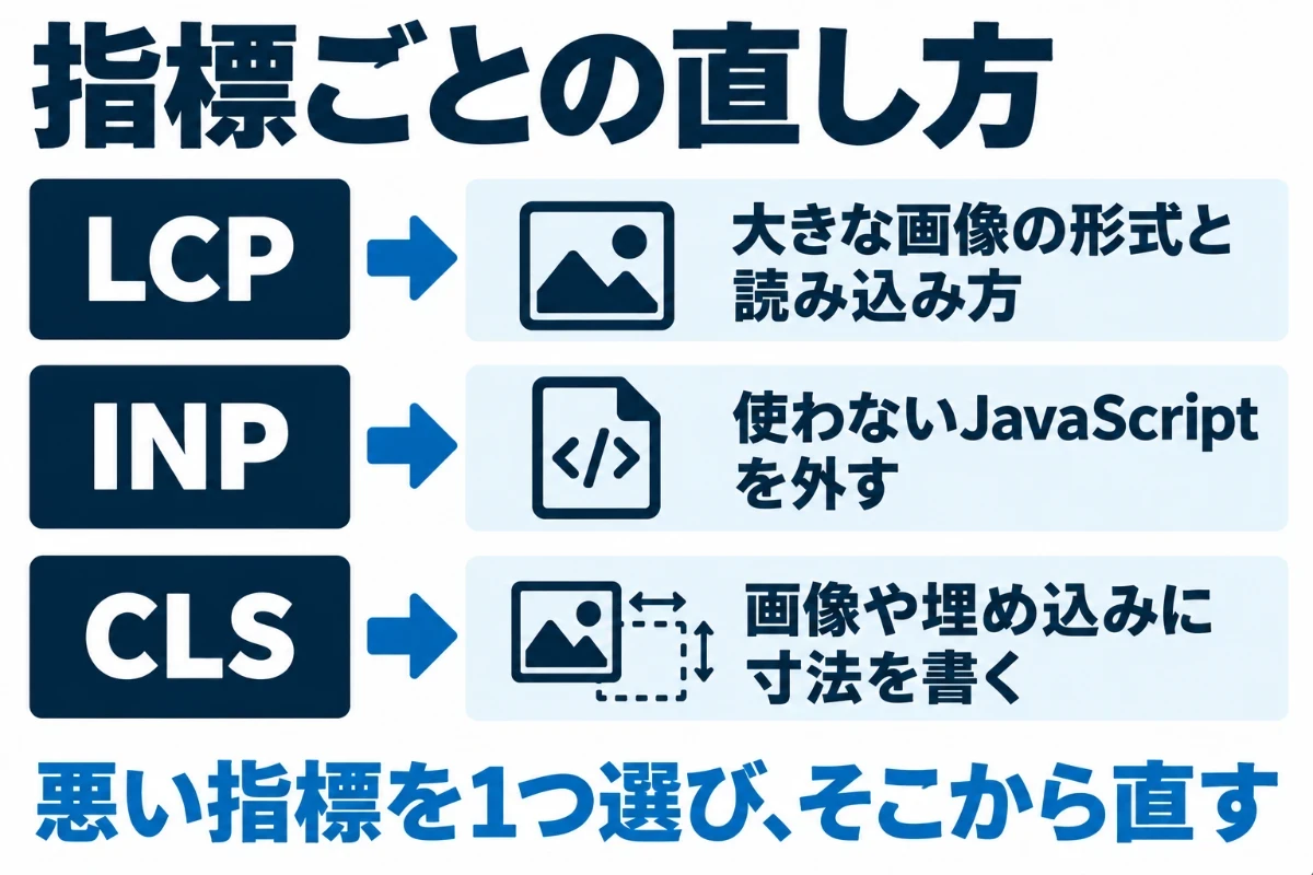 Core Web Vitalsの指標ごとの主な原因と直し方として、LCPは大きな画像の形式と読み込み方、INPは不要なJavaScriptの読み込み、CLSは画像や埋め込みの寸法の指定を並べた図