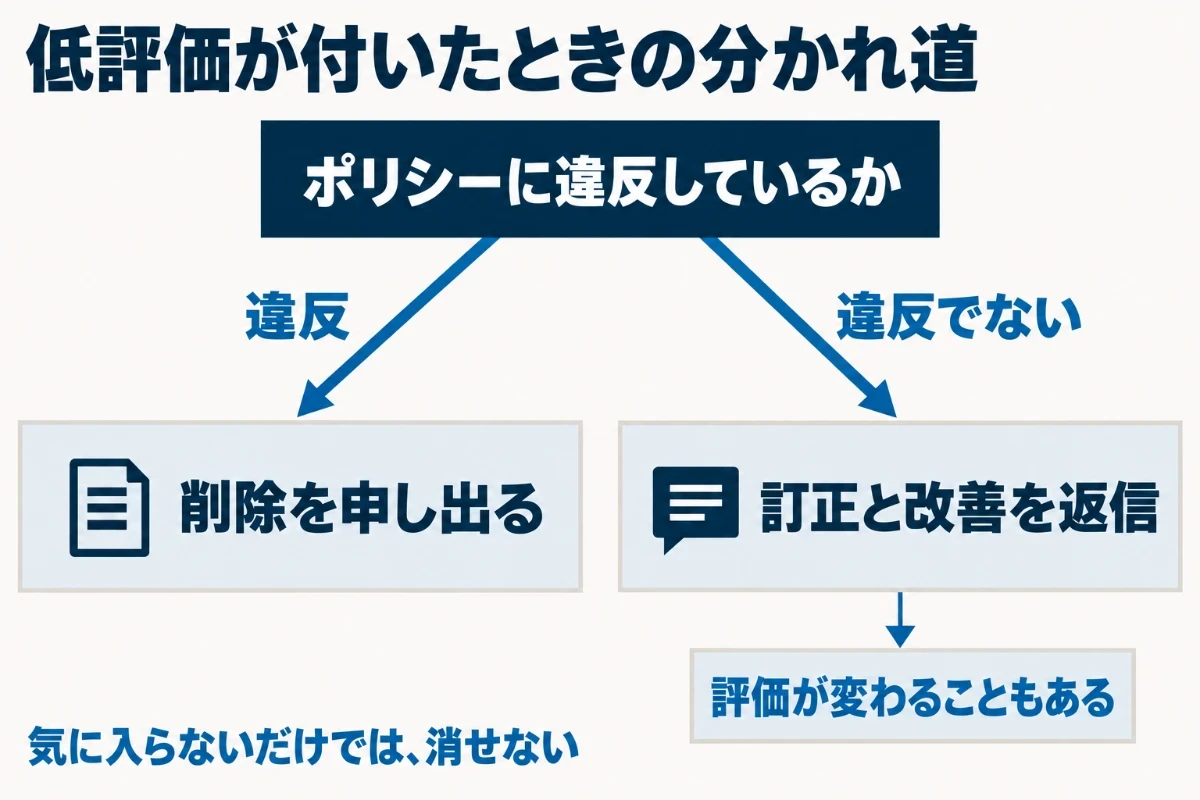 低評価の口コミが付いたら、まずポリシーに違反しているかを確かめ、違反なら削除を申し出て、違反でなければ事実の訂正と改善した点に絞って返信し、読んだ投稿者が評価を変えることもあるという流れを示した図
