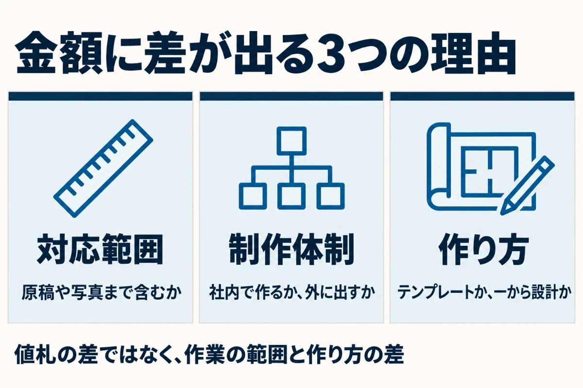 同じページ数のサイトでも制作会社によって金額に差が出る理由として、対応範囲の違い、制作体制の違い、作り方の違いの3つを並べた図