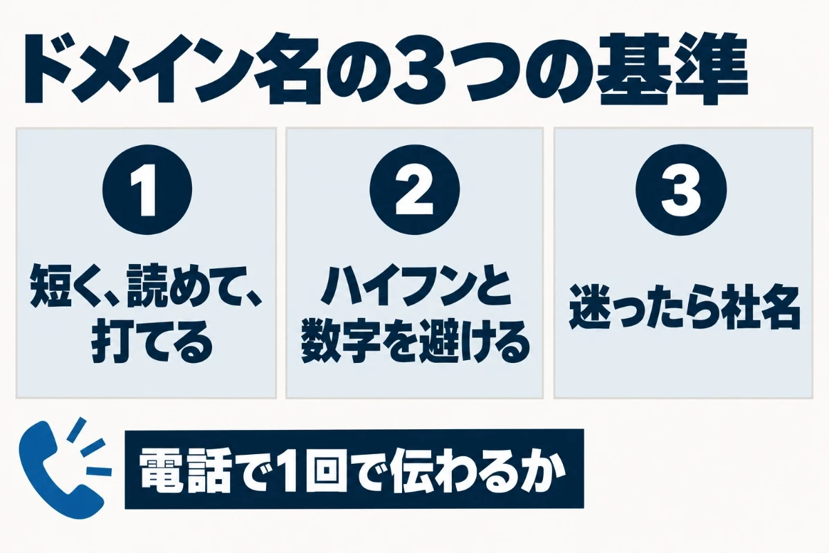 ドメイン名は、短く読めて打ちやすいこと、ハイフンや数字を避けること、迷ったらサービス名より社名にすることの3つを基準に決め、電話で1回で伝わるかで確かめることを示した図