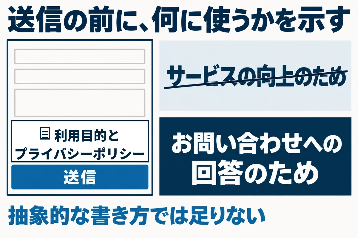 問い合わせフォームで名前やメールアドレスを受け取るときは、送信のボタンを押す前に目にとまる位置で利用目的を示す必要があり、お客様のサービスの向上のような抽象的な書き方では足りず、プライバシーポリシーへのリンクも置くことを示した図