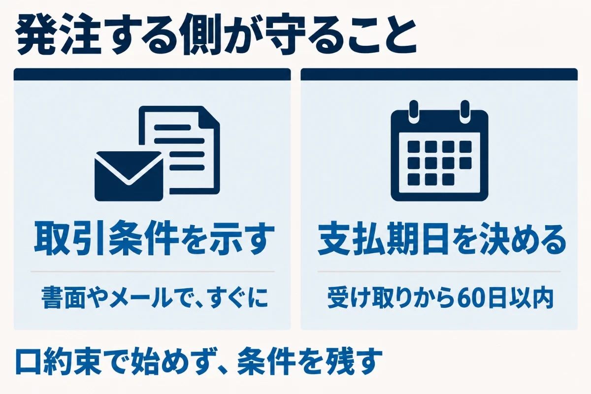 個人のフリーランスに仕事を頼むときに発注する側が守ることとして、取引条件を書面やメールですぐに示すこと、報酬の支払期日を決めて期日までに払うことの2つを並べた図