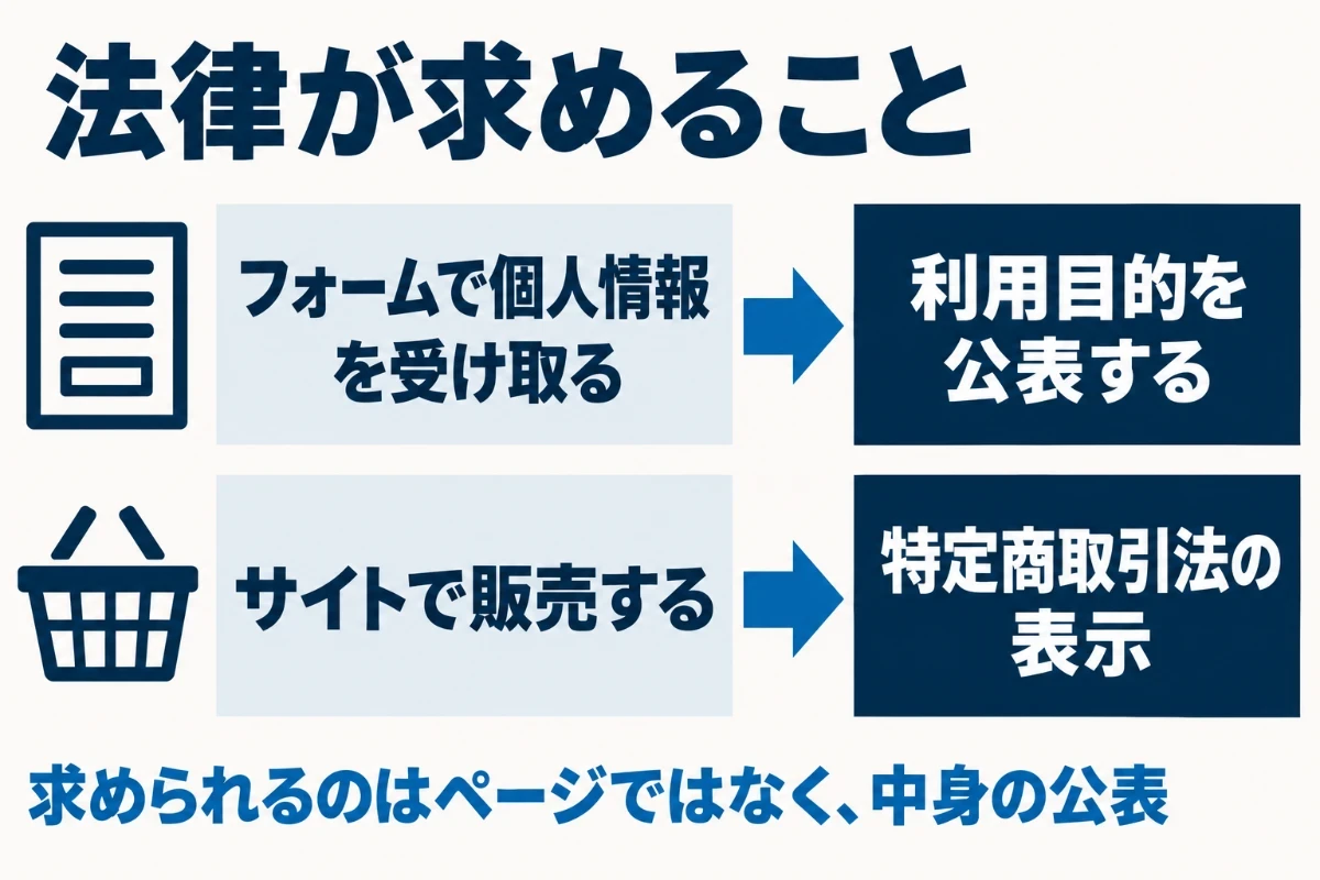 問い合わせフォームで名前やメールアドレスを受け取るなら個人情報の利用目的を公表または本人に伝える必要があり、サイトで通信販売をするなら特定商取引法の表示が必要になることを示した図