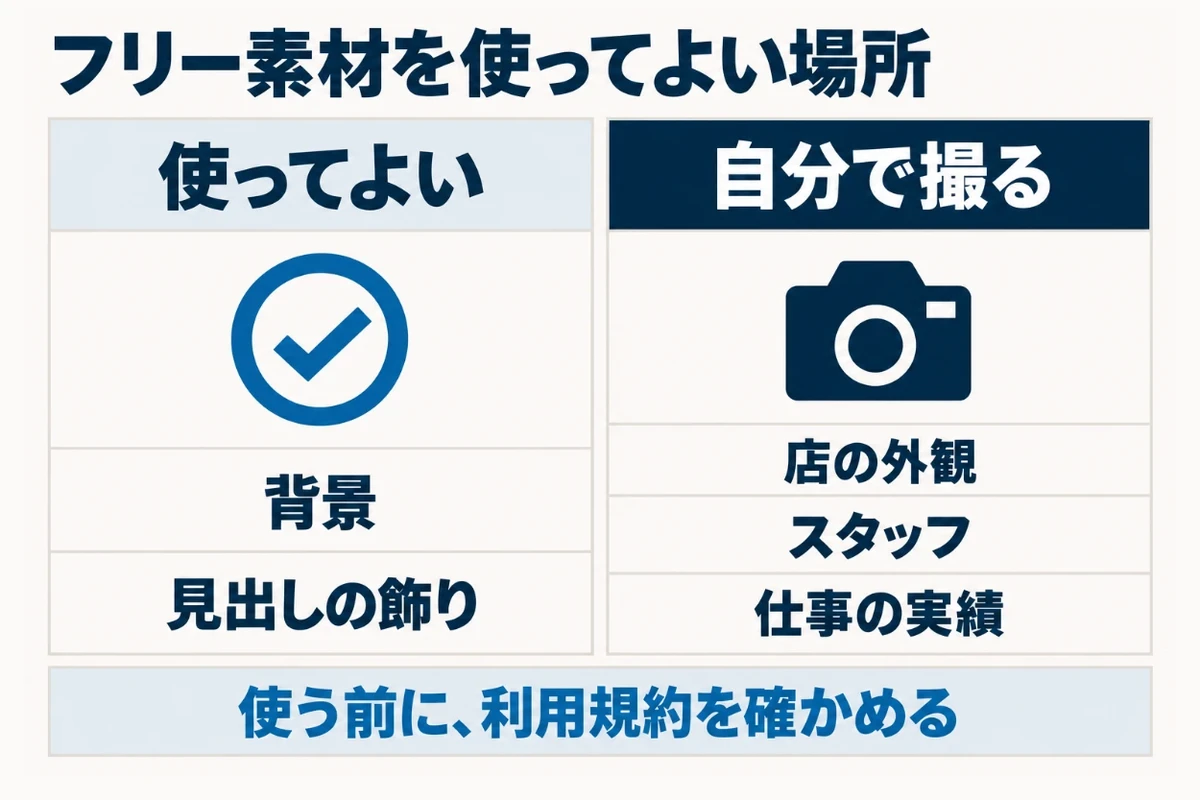 フリー素材は、背景の模様や見出しの装飾のように実在を示す必要がない場所には使えるが、店の外観やスタッフ、仕事の実績のように実在を示す場所には使わず、使う前に商用利用や加工の可否などの利用規約を確かめることを示した図