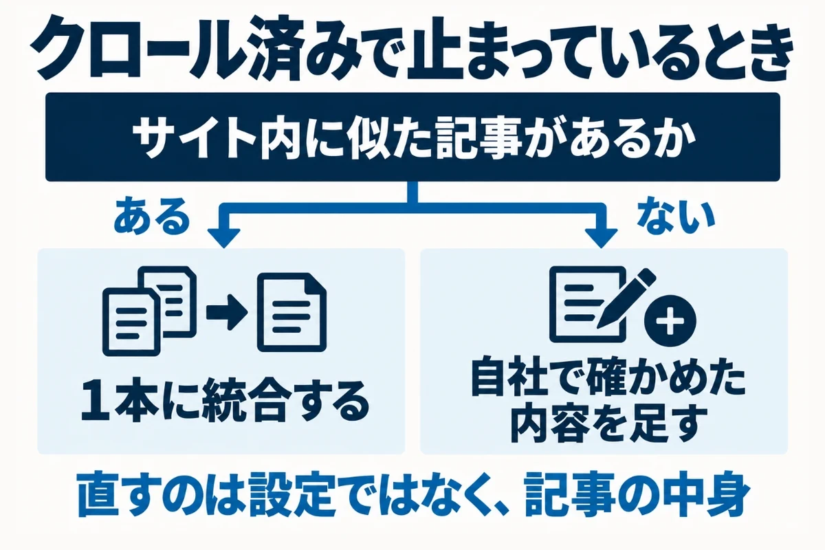クロール済みで止まっている記事への対処を、サイト内に似た記事がある場合は1本に統合し、似た記事がない場合は自社で確かめた内容を書き足す、という分かれ道で示した図