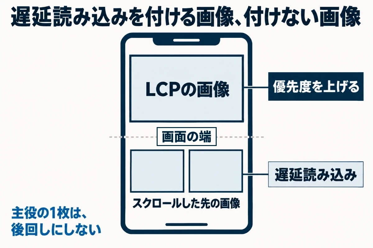 遅延読み込みは画面の外の画像を後回しにする仕組みで、最初の画面にあるLCP画像に付けると取得の開始が遅れるため、LCP画像には遅延読み込みを付けずに優先度を上げる指定を入れることを示した図