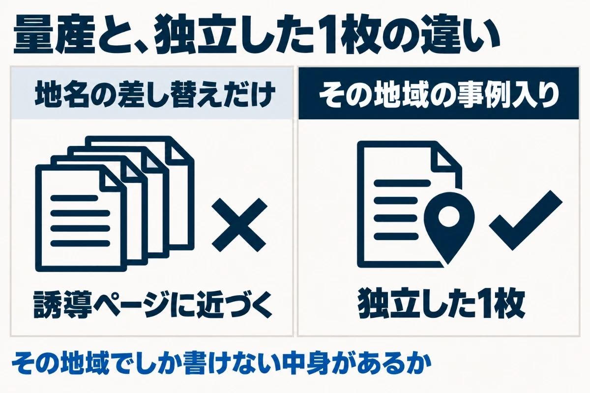 同じ文章の地名だけを差し替えたページを市区町村の数だけ並べると誘導ページの不正使用に近づき、その地域で実際に対応した事例や地域特有の条件が入ったページは独立した1枚になることを比べた図