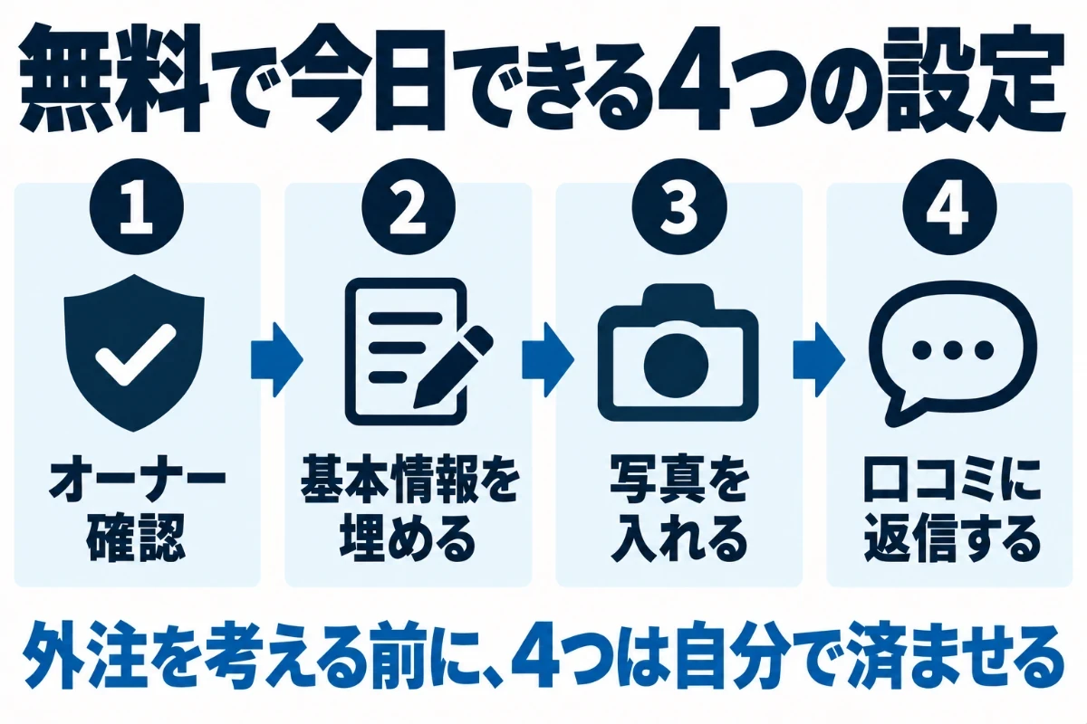MEO対策として無料で今日できる設定として、オーナー確認をする、業種や営業時間などの基本情報を埋める、外観や内観の写真を入れる、口コミに返信する、の4つを順に並べた図