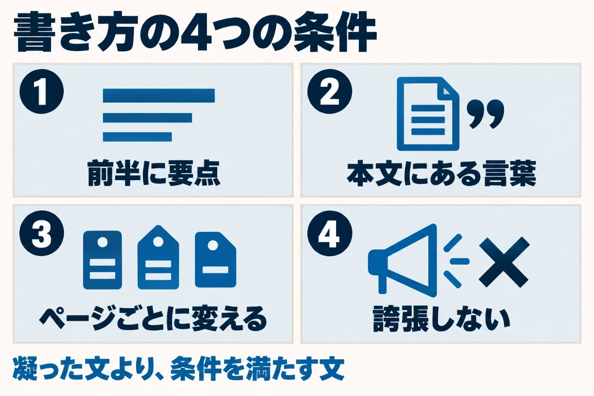 メタディスクリプションを書くときの4つの条件として、前半に要点を置く、本文にある言葉を使う、ページごとに変える、誇張しないを並べた図