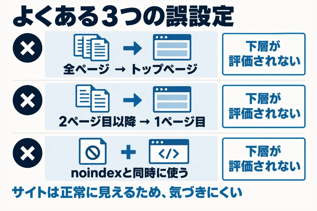 すべてのページがトップページを指す設定、2ページ目以降が1ページ目を指す設定、noindexとcanonicalを同じページに付ける設定の3つを並べ、それぞれ下層ページが評価されなくなることを示した図