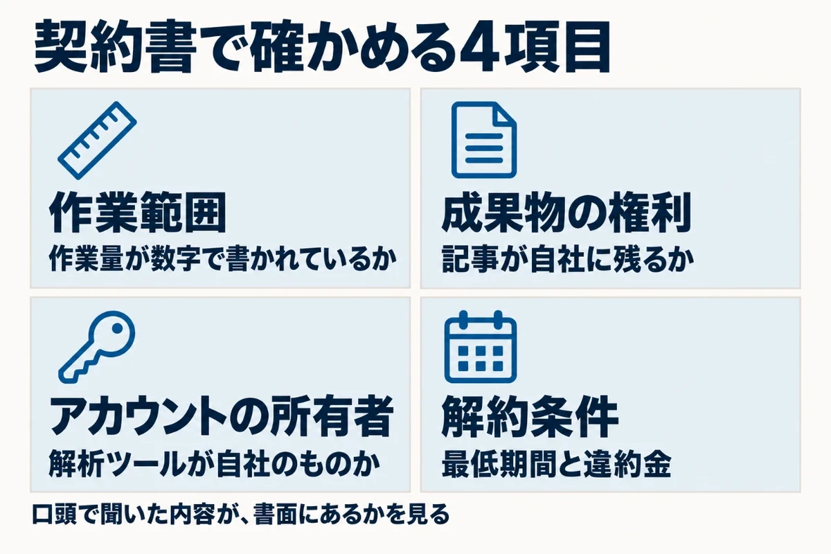 SEO会社との契約書で確かめる4項目として、作業範囲、成果物の権利、アカウントの所有者、解約条件を2行2列に並べた図