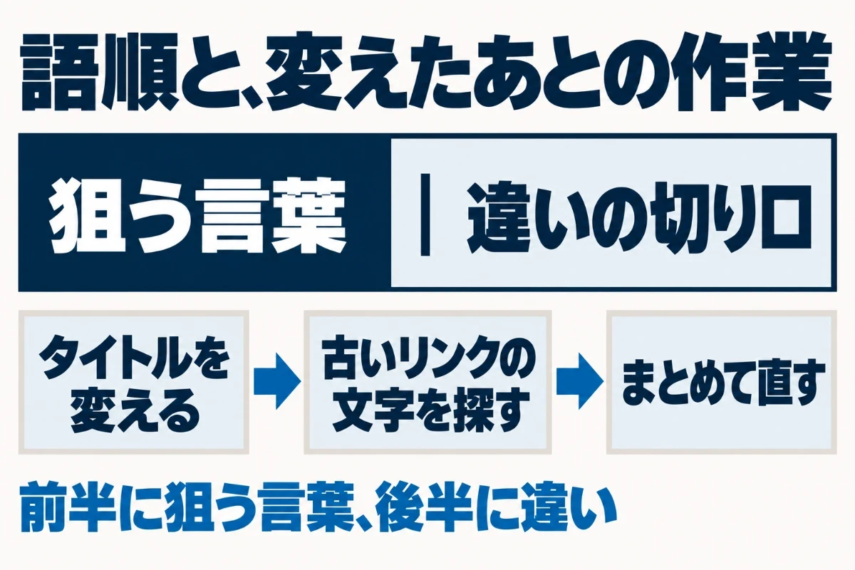 SEOタイトルは区切りの記号の前半に狙う言葉、後半にほかの記事との違いを置く形にし、タイトルを変えたときはサイト内のほかの記事に残る古いリンクの文字もまとめて直すことを示した図