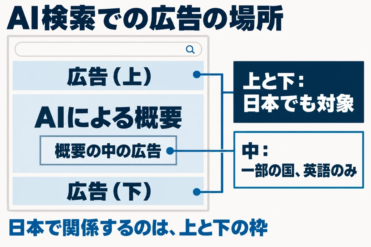 Googleの検索ではAIによる概要の上と下に出る広告は日本を含む200以上の地域が対象で、概要の中に出る広告は一部の国で英語だけの提供であることを、検索結果の画面の上下で示した図