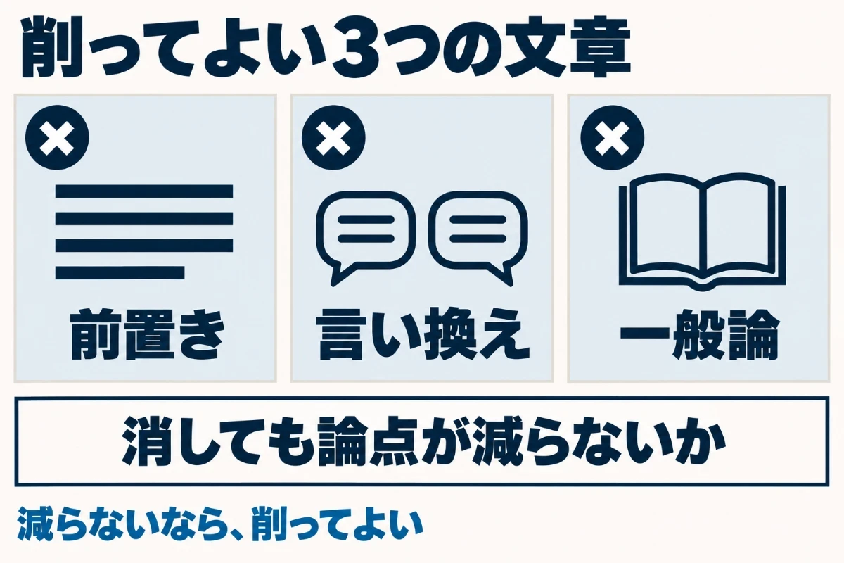 書き終えた記事から削ってよい文章として、話題の重要性を語るだけの前置き、同じ内容の言い換え、ほかのサイトでも読める一般論の3つを挙げ、消しても論点が減らない文は削ることを示した図