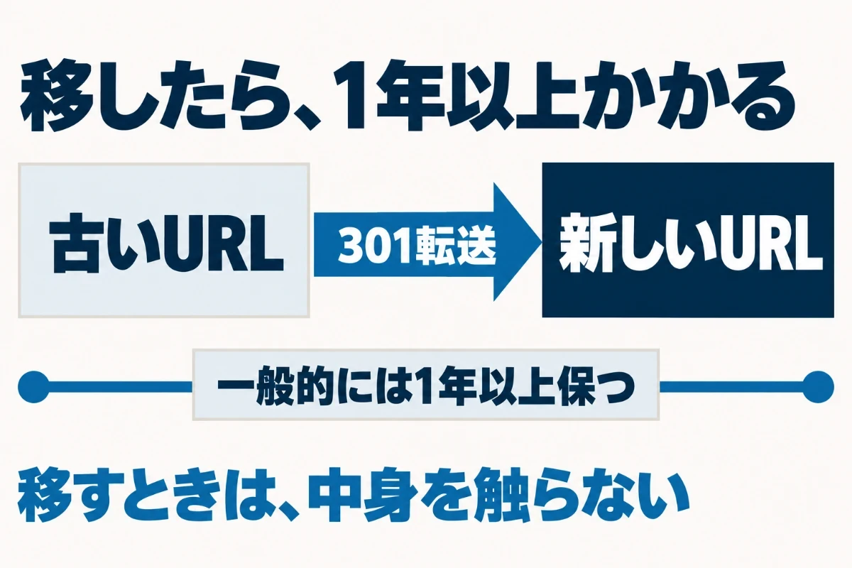 ブログをあとから別の置き場所に移すと、古いURLから新しいURLへの301転送を一般的には1年以上保つ必要があり、その間に古いURLを指す他のサイトのリンクが新しいURLへ引き継がれていくことを示した図