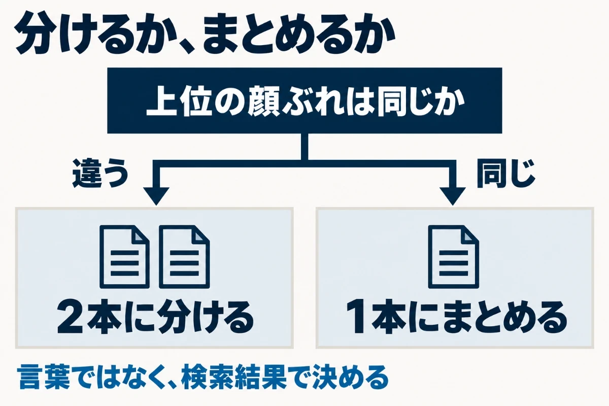 枝を分けるか迷う2つの言葉でそれぞれ検索し、上位の顔ぶれが違えば別の記事に分け、ほぼ同じなら1本の記事にまとめるという判断を示した図