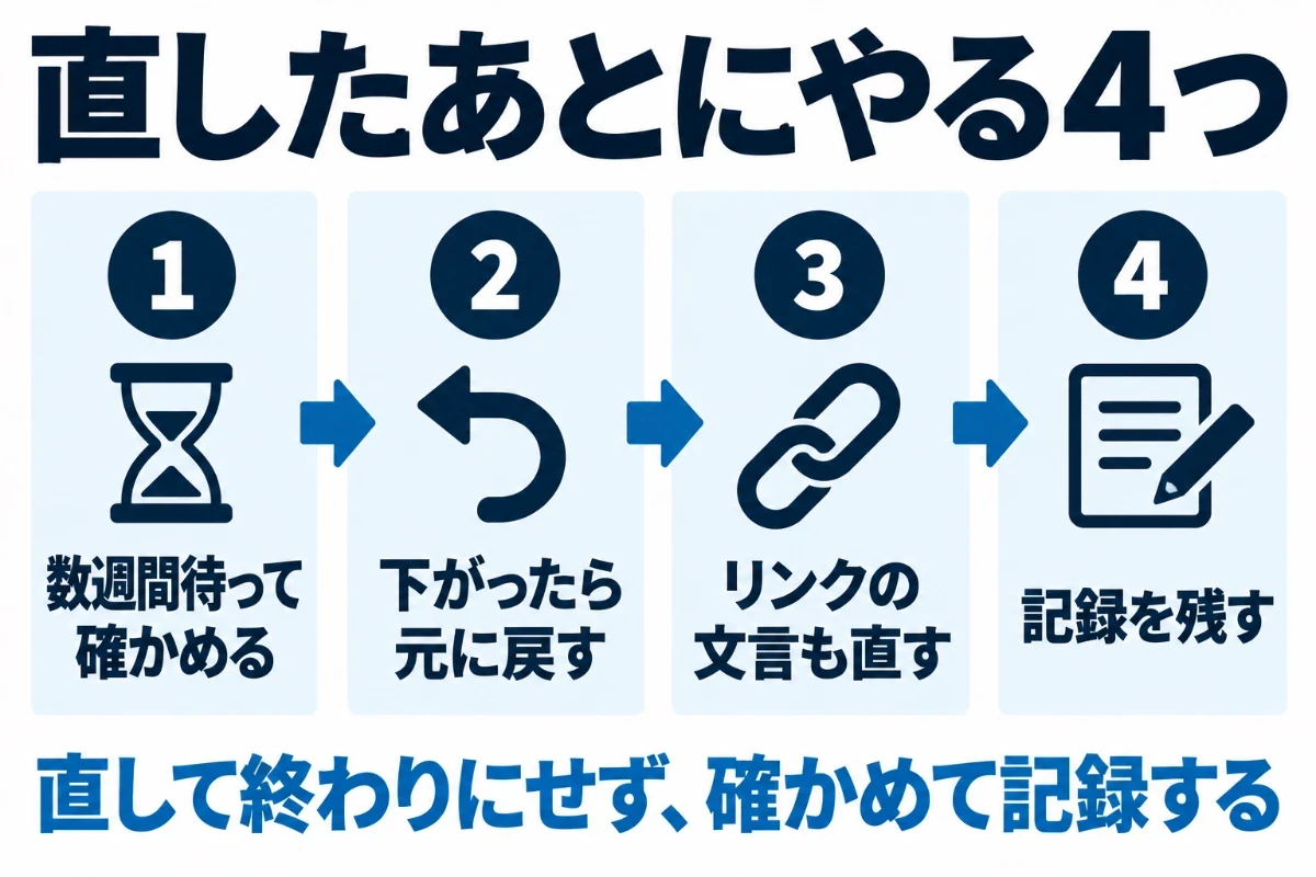 リライトのあとにやることとして、数週間待って効果を確かめる、下がったら元に戻す、題名を変えたらサイト内のリンクの文言も直す、直した内容を記録する、の4つを順に並べた図