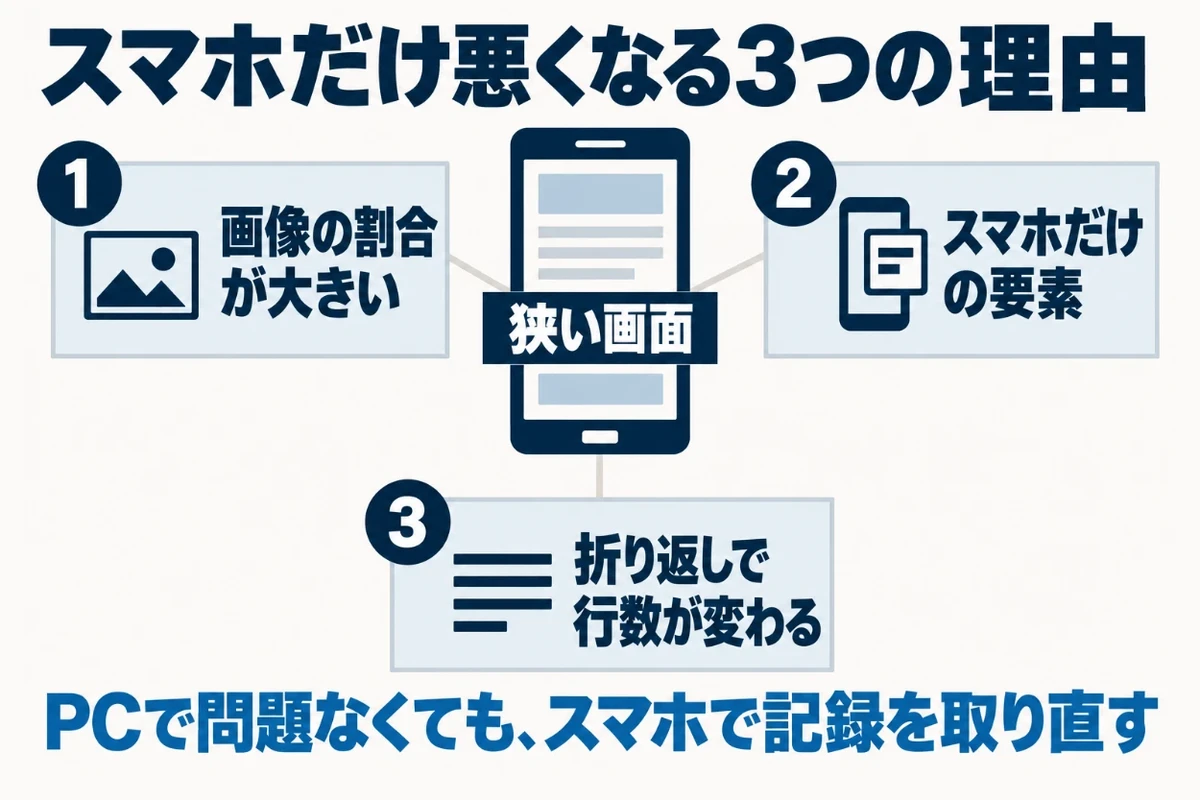 スマホだけCLSが悪くなるのは、画像が画面に占める割合が大きくなること、スマホでだけ出る要素があること、文字の折り返しで行数が変わることの3つが理由であることを示した図