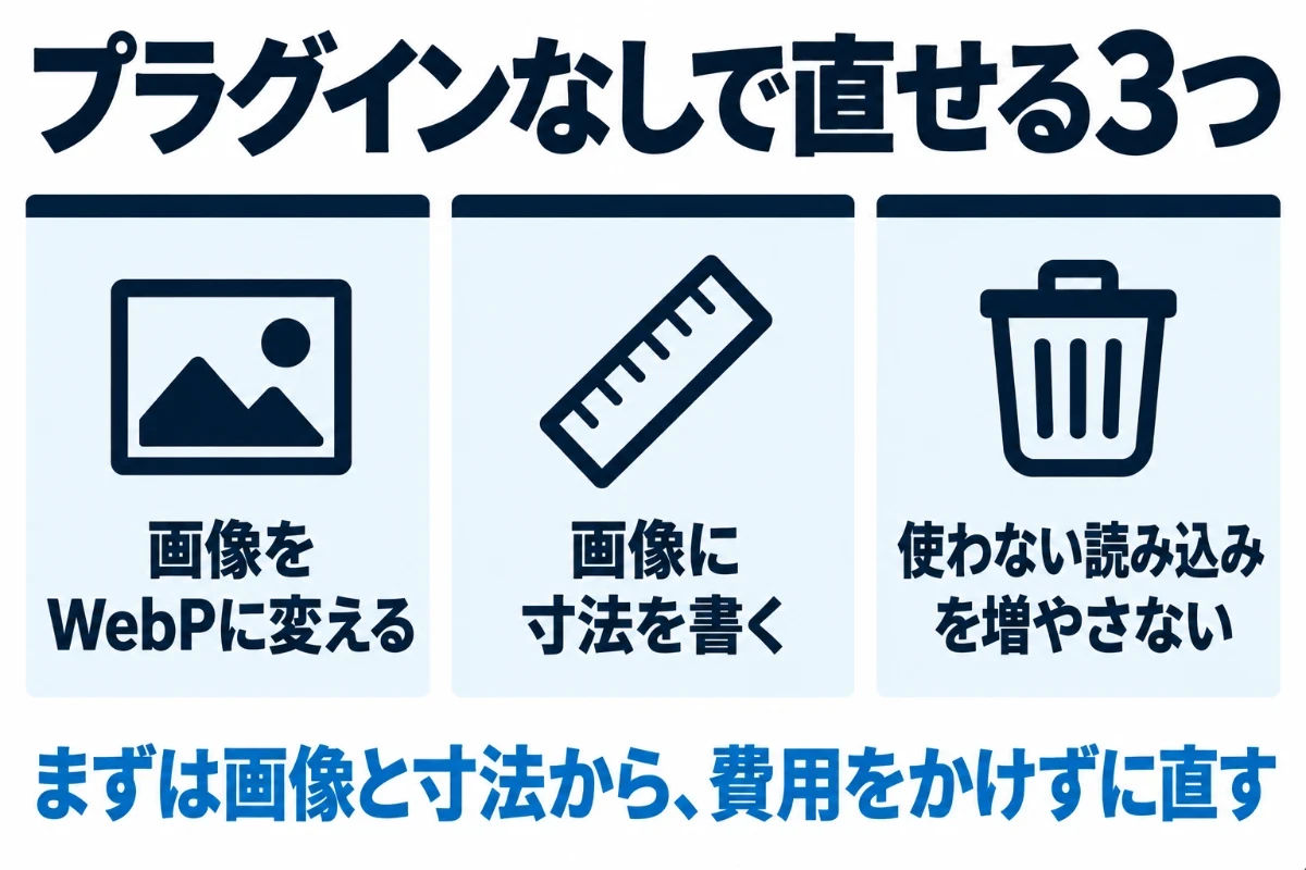 プラグインを入れずにCore Web Vitalsを直せる範囲として、画像をWebPに変える、画像や埋め込みに寸法を書く、使わない読み込みを増やさない、の3つを並べた図