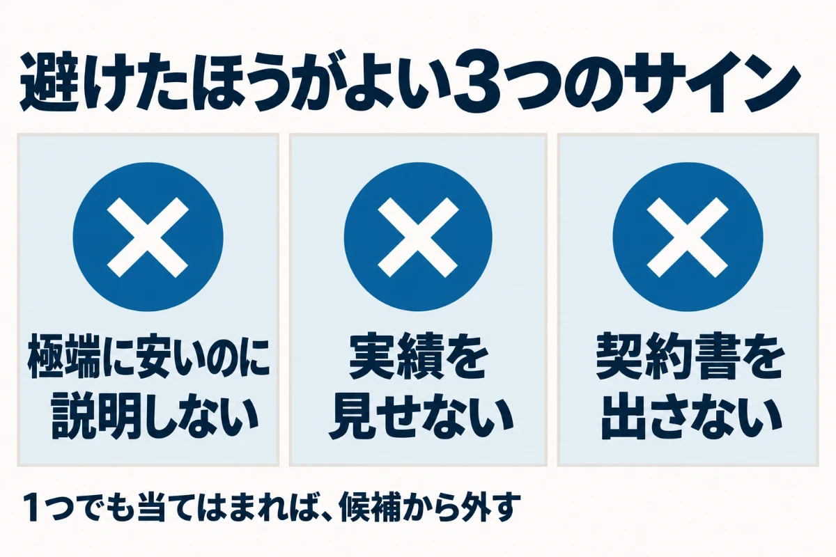 避けたほうがよい制作会社のサインとして、相場より極端に安いのに中身を説明しない、実績を見せない、契約書を出さない、の3つを並べた図