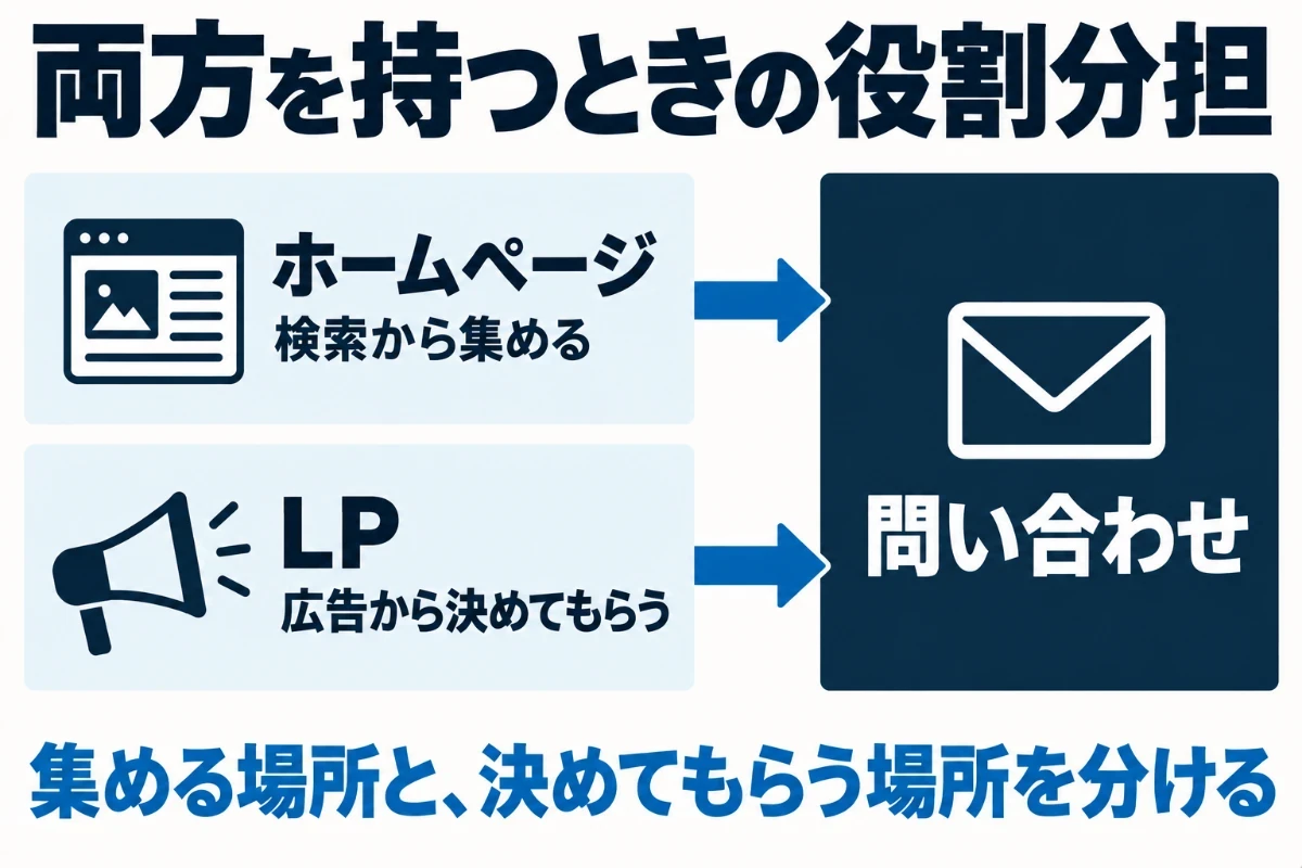 ホームページとLPの両方を持つときの役割分担として、記事で検索から人を集めるホームページと、広告の受け皿として申し込みまで運ぶLPを分け、それぞれから問い合わせにつなぐ形を示した図