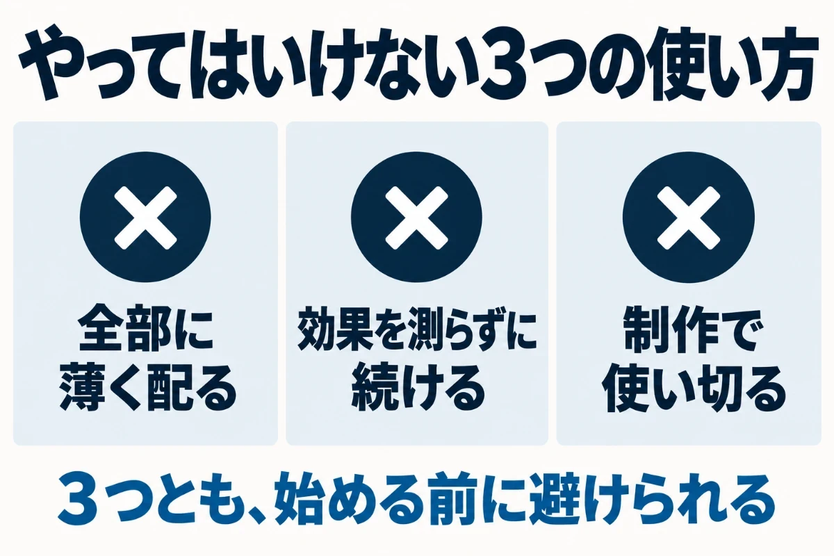 集客でやってはいけない予算の使い方として、すべての手段に薄く配る、効果を測らずに続ける、制作で予算を使い切る、の3つを並べた図
