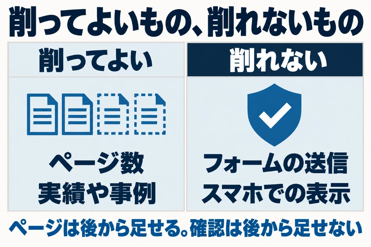 公開日に間に合わないとき、ページ数は削って公開後に足せるが、問い合わせフォームの送信やスマホでの表示の確認は削ってはいけないことを左右に分けて示した図