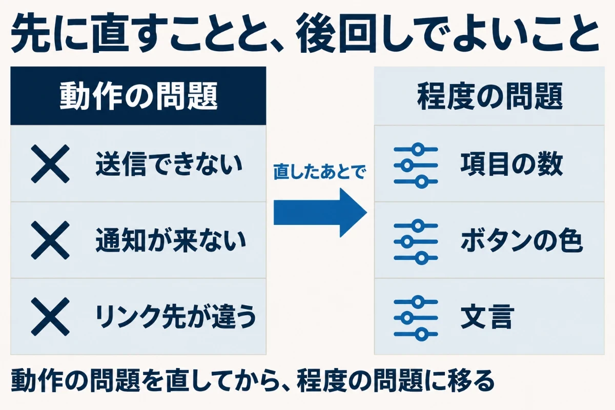 問い合わせを増やす施策を、直さない限り0のままになる動作の問題と、動いているものを良くする程度の問題の2列に分け、動作の問題を先に直すことを示した図