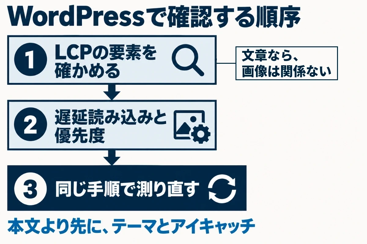 WordPressでLCPを確認するときは、まずLCPに選ばれた要素が何かを確かめ、それが画像なら遅延読み込みと優先度の指定を見て、直したあとに同じ手順で測り直すという順序を示した図