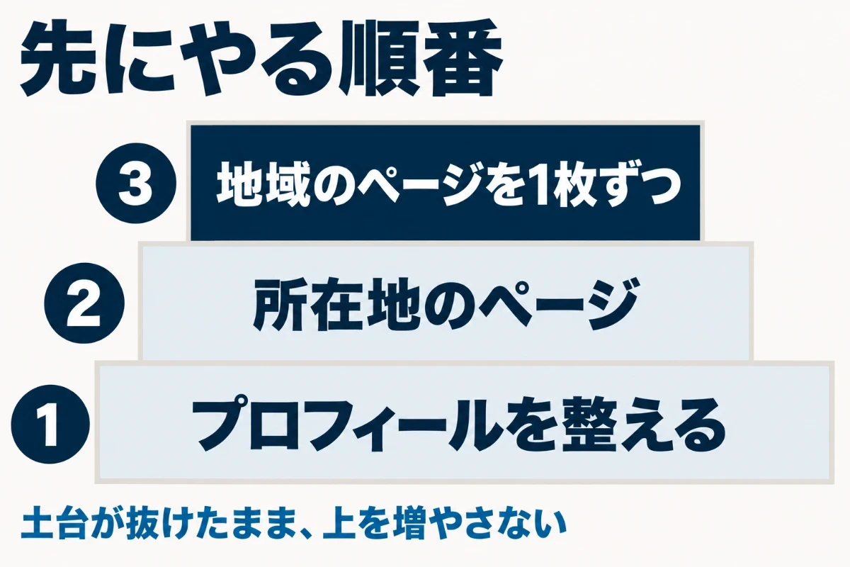 ローカルSEOは、Googleビジネスプロフィールのオーナー確認と情報の充実を土台にし、次に自社の所在地のページを作り込み、最後に実際に対応した地域が増えてから地域のページを1枚ずつ足すという順に積むことを示した図