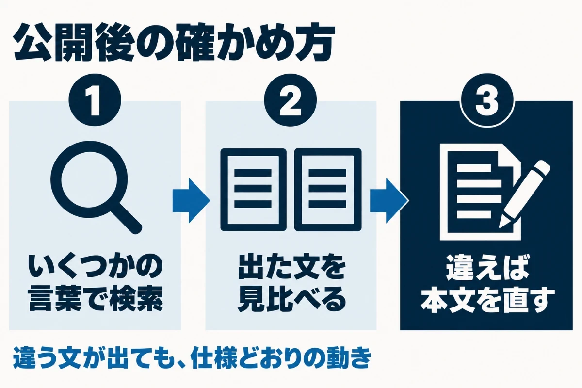 公開後は狙う言葉を含む複数の言葉で検索して説明文を見比べ、意図と違う文が出ていれば説明文ではなく抜き出されている本文の箇所を直すという手順を示した図