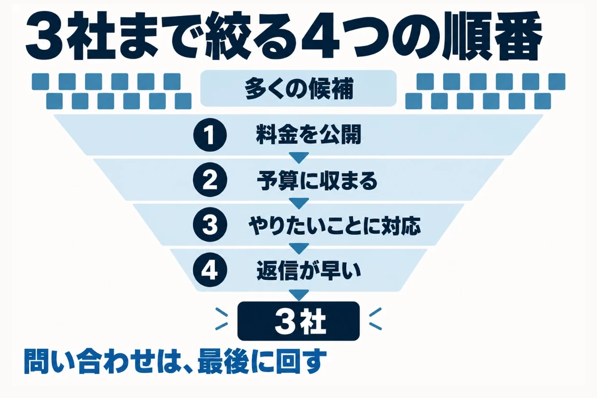 多くの候補から、料金を公開している、予算に収まる、やりたいことに対応している、問い合わせへの返信が早いという4つの条件を順にかけて3社まで絞る流れを示した図