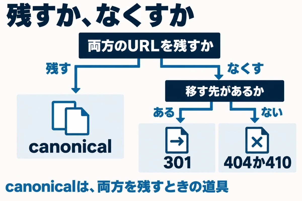 重複したページを見つけたときの判断の流れとして、両方を残すならcanonical、片方をなくして移す先があるなら301、移す先がないなら404か410を返すという3つの分かれ道を示した図