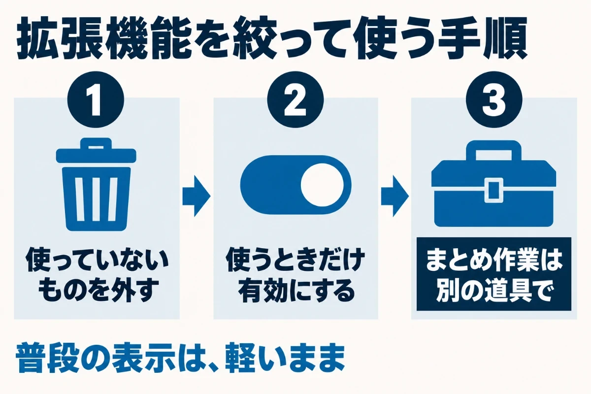 いま入っている拡張機能の一覧を開いて使っていないものを外し、残したものも普段は無効にして使うときだけ有効にし、何十ページもまとめて確かめる作業は別の道具に任せるという手順を示した図