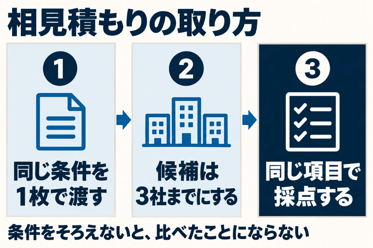 SEO会社の相見積もりの取り方として、同じ条件を1枚で渡す、候補は3社までにする、同じ項目で採点する、の3つの手順を順に並べた図