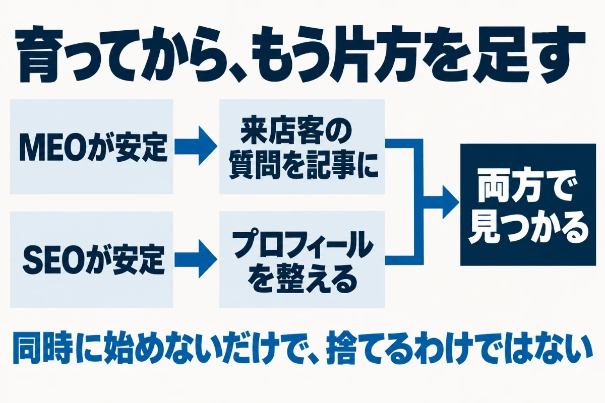 片方の対策が安定してから、MEOから始めた事業は来店客の質問をもとに記事を書き、SEOから始めた事業はビジネスプロフィールを整えるという形で、もう片方を足していく順番を示した図