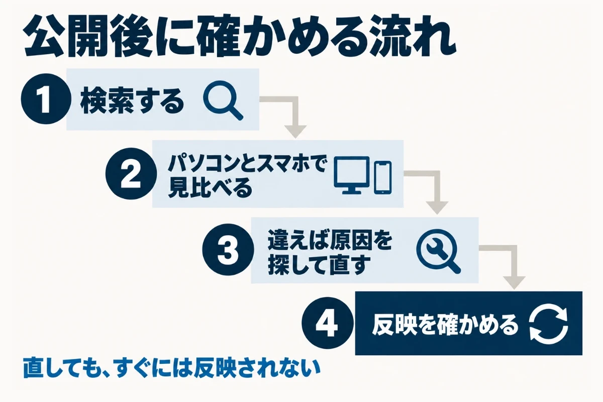 タイトルを付けて公開したら、実際に検索してパソコンとスマホで表示を見比べ、書いた文と違えば5つのきっかけに当てはまらないかを確かめて直し、再クロールされてから反映を確かめるという流れを示した図