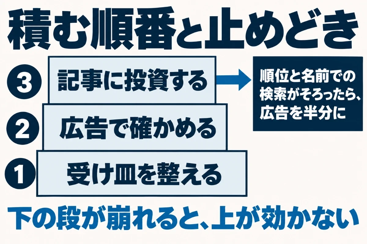 SEOと広告を併用するときは、問い合わせの受け皿を整え、広告で語を確かめ、記事に投資するという順に積み上げ、狙った語の順位が安定して社名での検索が増えたら広告の予算を半分に落として様子を見ることを示した図