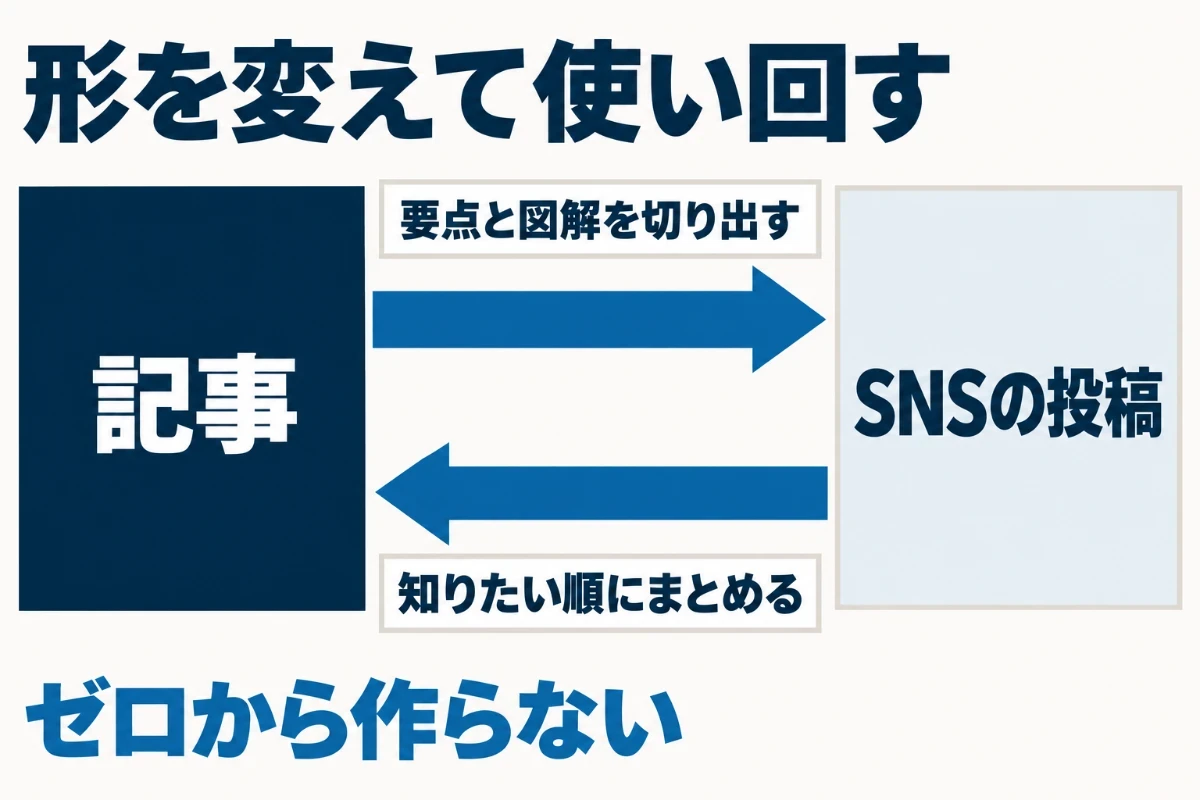 片方が回り始めたらもう片方を足せ、記事からは見出しごとの要点と図解を切り出して投稿にし、反応のよかった投稿は検索する人が知りたい順に並べ替えて記事にまとめるという2つの向きを示した図