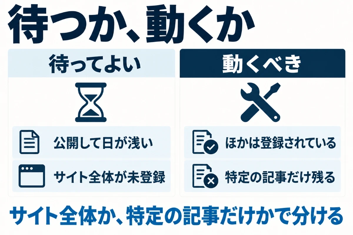 インデックスを待ってよい場合と動くべき場合を2列で比べ、公開して日が浅くサイト全体が未登録なら内部リンクとサイトマップを整えて待ち、ほかの記事は登録されているのに特定の記事だけ残るなら原因を探すことを示した図